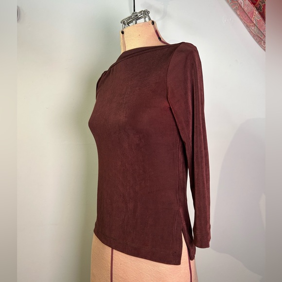 BCBG Max Azria Vintage Boatneck Chocolate Brown Slinky Top Size Small - Picture 5 of 13